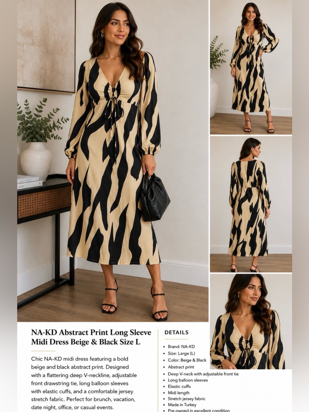 NA-KD Abstract Print Long Sleeve Midi Dress Beige & Black Size L
